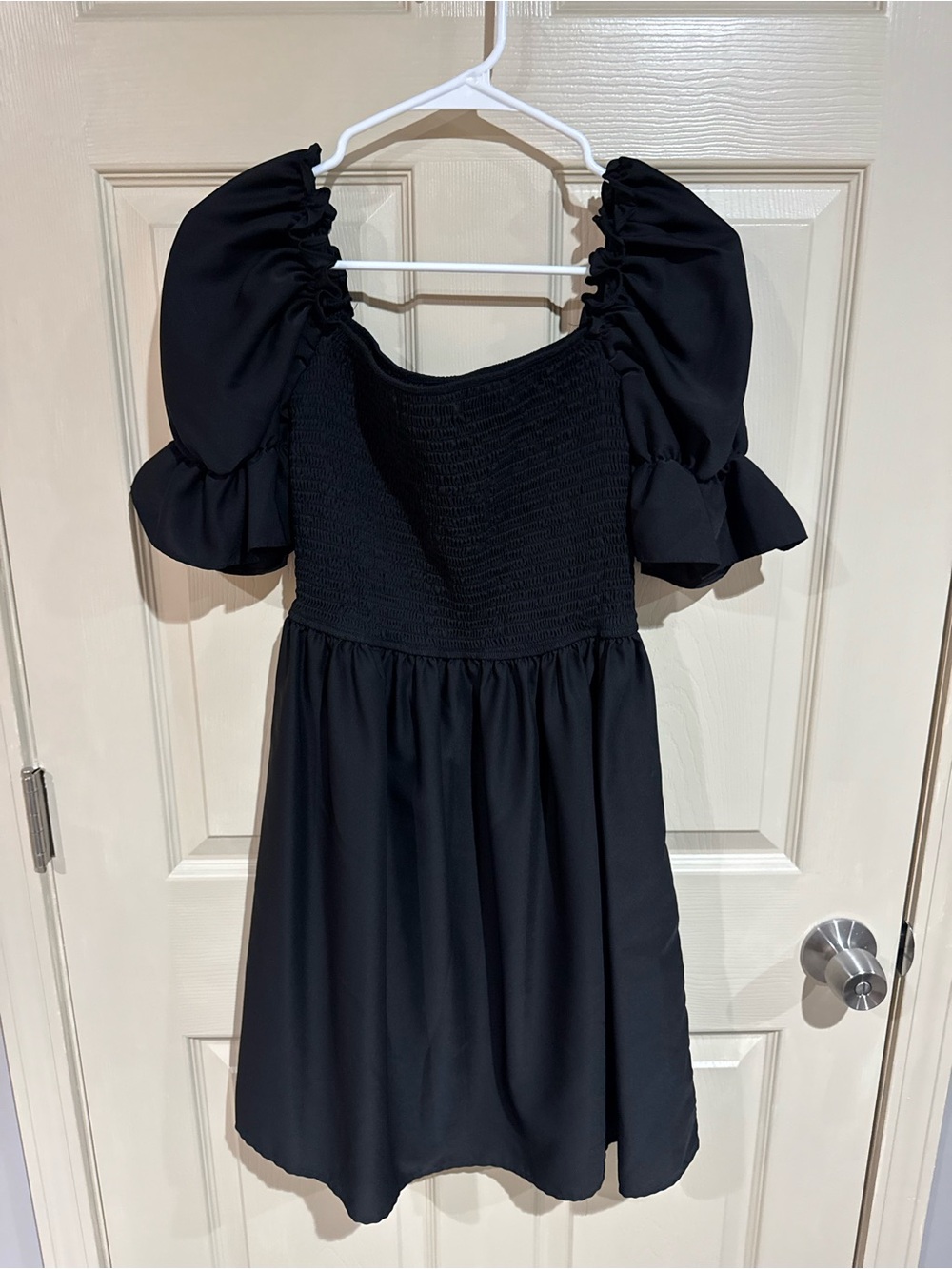 Black Puff-Sleeve Smocked Bodice Dress